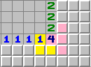 The 4 touches five squares. The yellow 1 touches a subset of two squares. The second, third and fourth mines must be in the pink squares.
