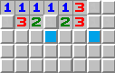 The NF technique 'sees' the two mines touching the left 3 and uses 1-1-X twice to open the blue squares.