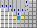 The NF technique 'sees' the two mines touching the 3 and uses 1-1-X to open the 1. The yellow squares will be numbers but the blue square could be an opening.