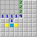 The NF technique 'sees' the three mines touching the 4 and uses 1-1-X to open the 1. The yellow squares will be numbers (because there is a mine in the two squares above) but the blue square could be an opening.