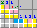 Pink squares are mines and yellow squares will be numbers. The blue squares might be openings.