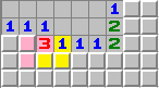 The 3 touches four squares. The yellow 1 touches a subset of two squares. The second and third mines must be in the pink squares.