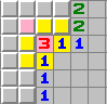 The 3 touches five squares. Each yellow 1 touches a subset of two squares. The third mine must be in the pink square.
