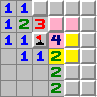 The pink 4 touches five unopened squares. One is flagged so there are three mines left in four squares. The yellow 2 touches a flag so there is one mine left in two yellow squares. The two pink squares must be mines.