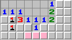 Find the two mines and use 1-1-X to open the third square then open the pink squares.