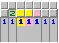 The pink 1 means there is one mine in the three squares it touches. The yellow 1 means the mine is in the subset of two yellow squares. The third square from the border must be empty.