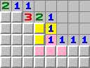 The pink 1 means there is one mine in the five squares it touches. The yellow 1 means the mine is in the subset of two yellow squares. The pink squares must be empty.