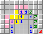 Each pink 1 means there is one mine in the five squares it touches. Each yellow 1 means the mine is in the subset of two yellow squares. The pink squares must be empty.